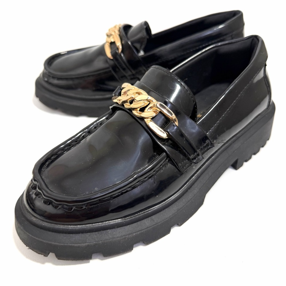 Zara Chunky Black Loafers with Gold Chain Detail Size 4